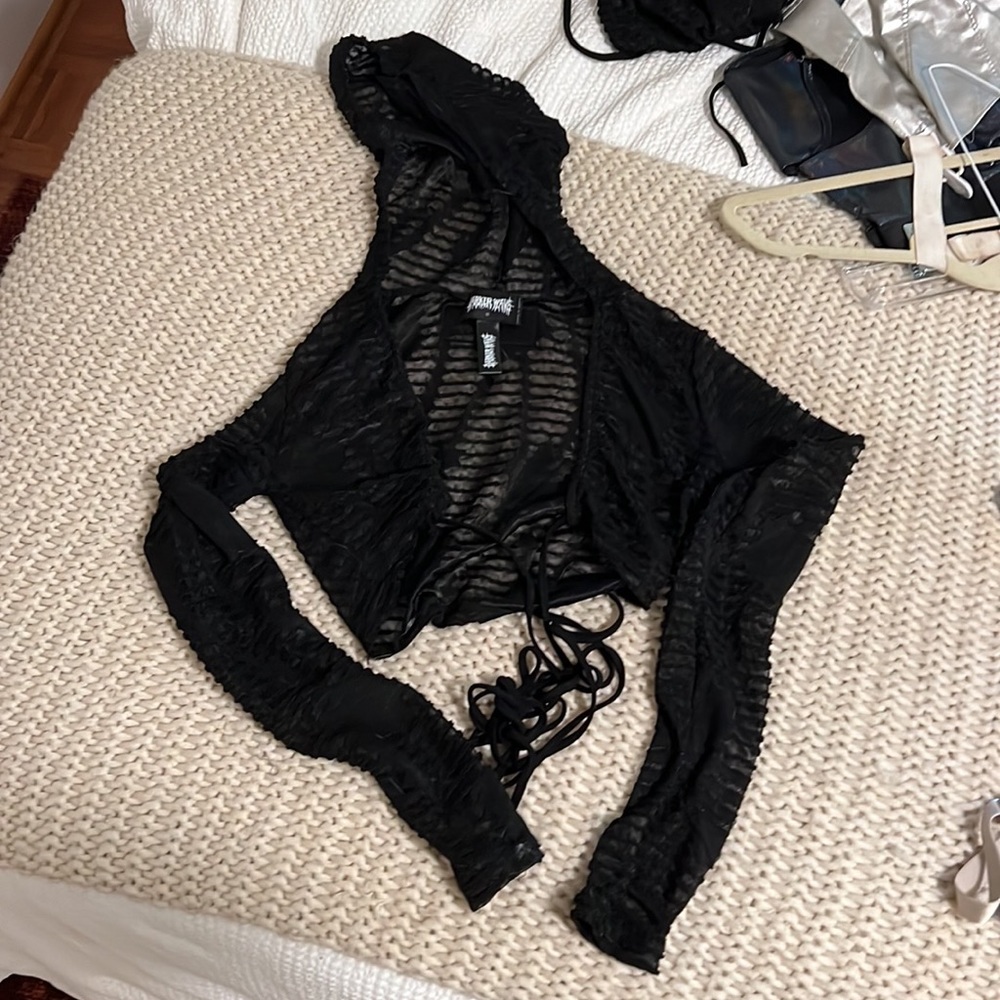 Darker Wavs Reverb Hooded Sheer Matelasse Wrap Top and Mini Skirt - SOLD AS SET - Picture 7 of 10